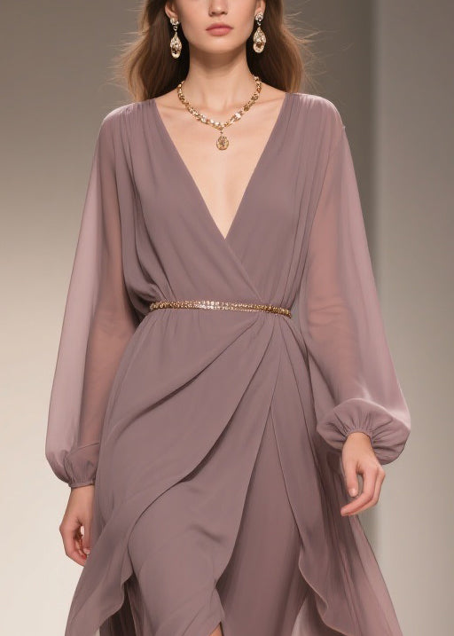 Chiffon Deep V-Neck Wrap Belted Bishop Sleeve High Low Maxi Gown - View 2