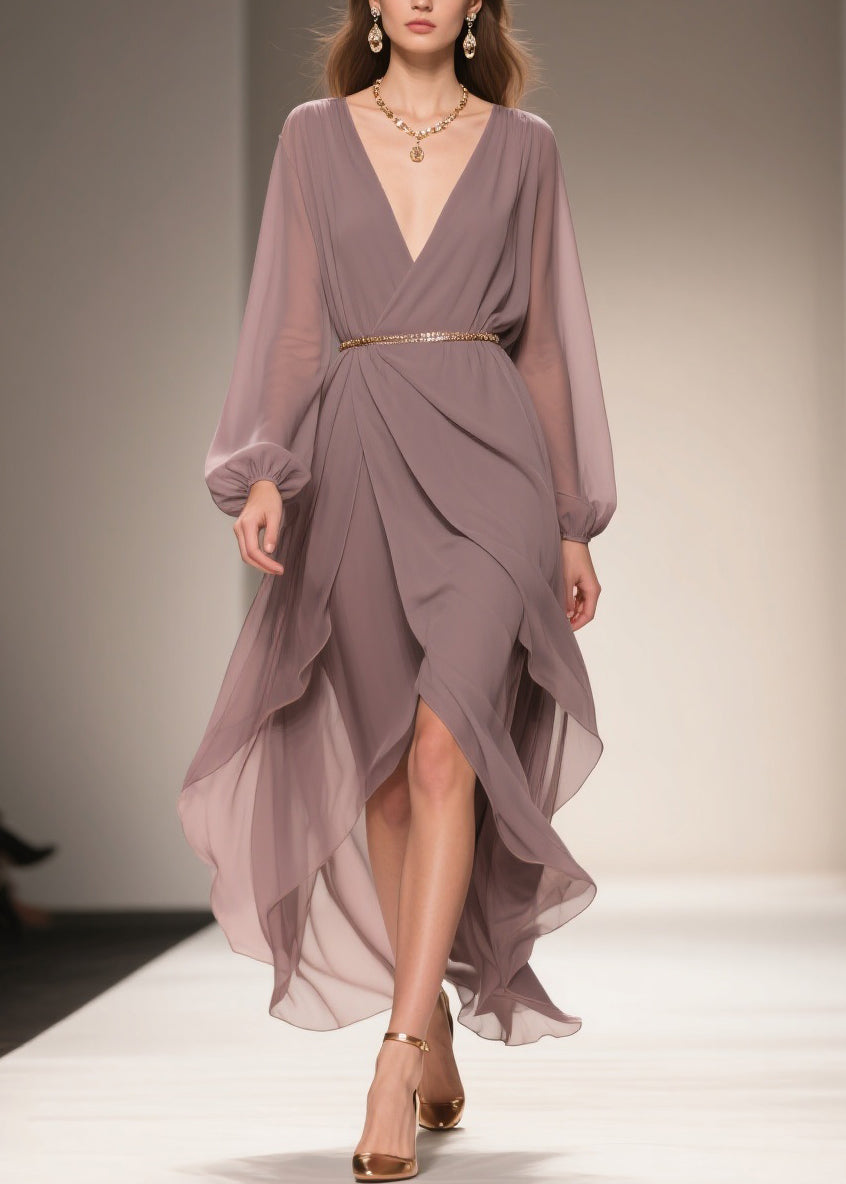 Chiffon Deep V-Neck Wrap Belted Bishop Sleeve High Low Maxi Gown - View 3
