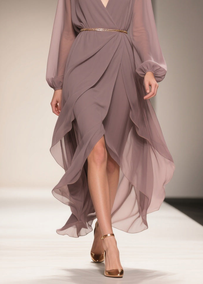 Chiffon Deep V-Neck Wrap Belted Bishop Sleeve High Low Maxi Gown - View 4