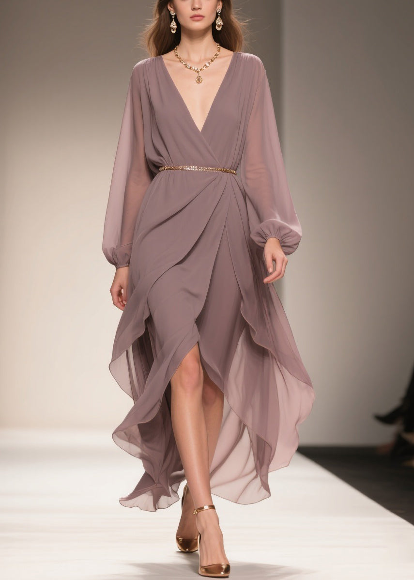 Chiffon Deep V-Neck Wrap Belted Bishop Sleeve High Low Maxi Gown - View 5