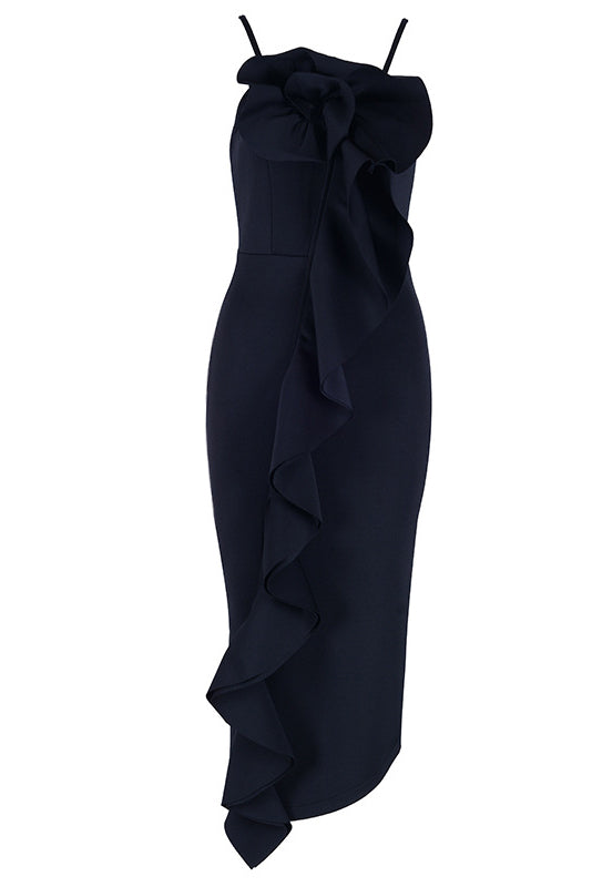 Solid Asymmetric Ruffle Trim Slip Prom Dress - Mislish