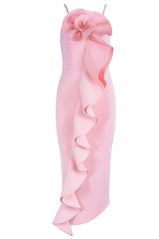 Solid Asymmetric Ruffle Trim Slip Prom Dress - Mislish