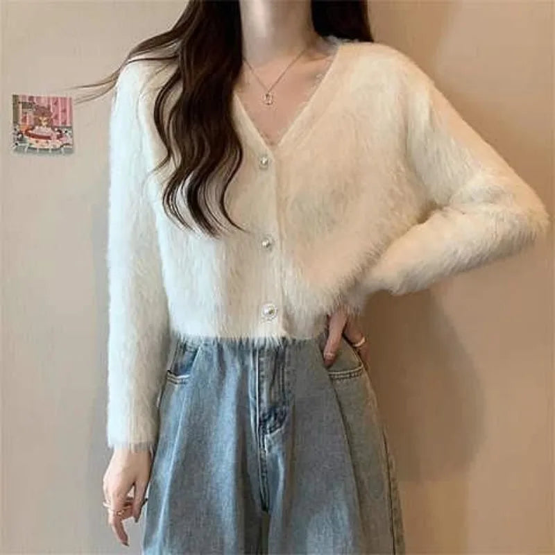 Lantern Sleeve V-Neck Solid Button-Up Knit Cardigan Coat Beige / S cardiagn-250126