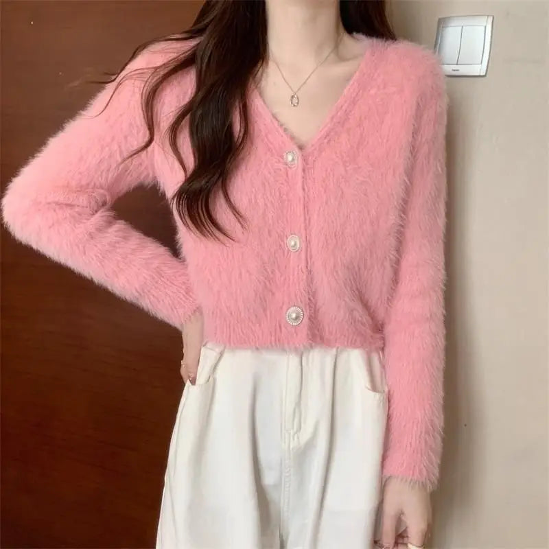 Lantern Sleeve V-Neck Solid Button-Up Knit Cardigan Coat Pink / S cardiagn-250126