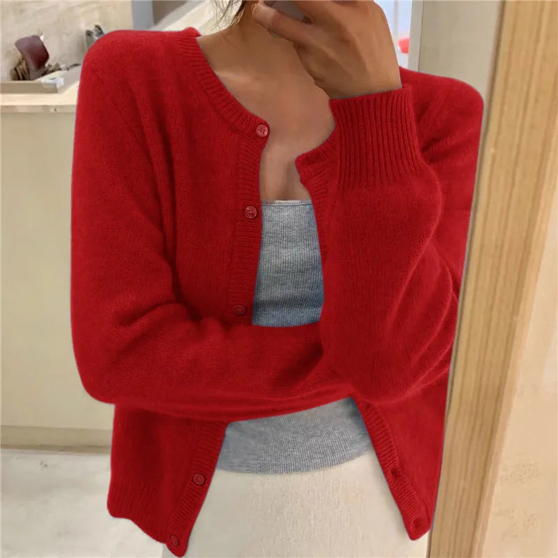Single Breasted Solid Round Neck Knitted Cardigan