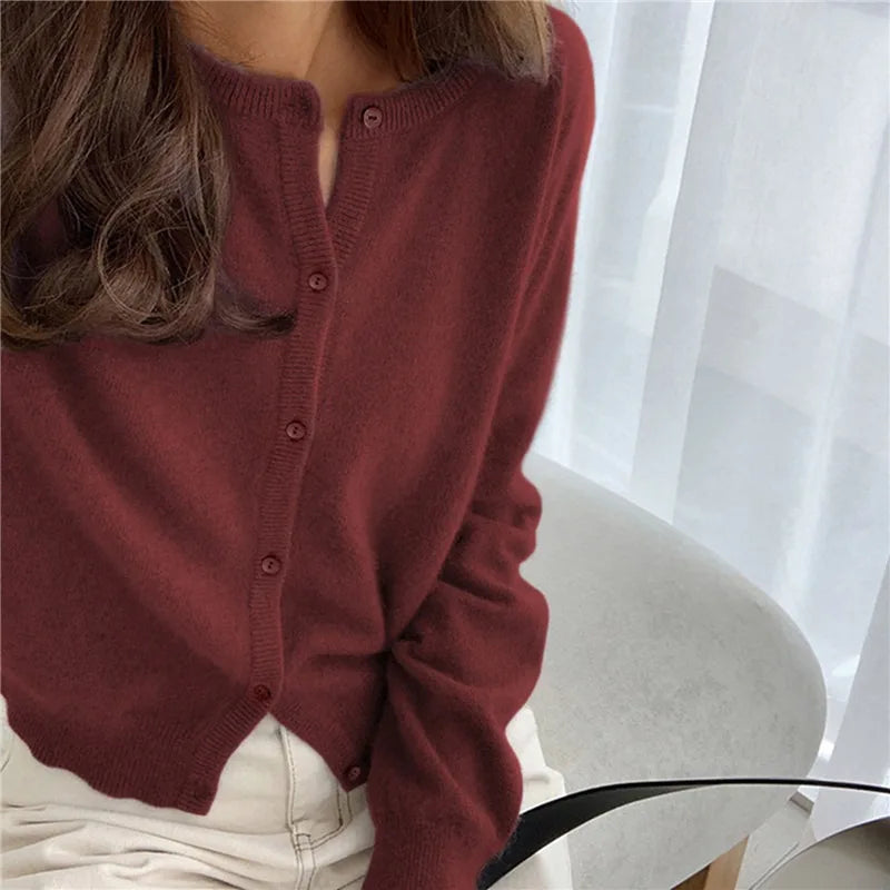 Single Breasted Solid Round Neck Knitted Cardigan