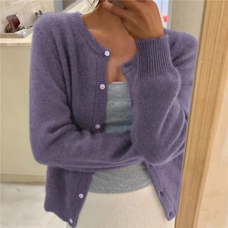 Single Breasted Solid Round Neck Knitted Cardigan
