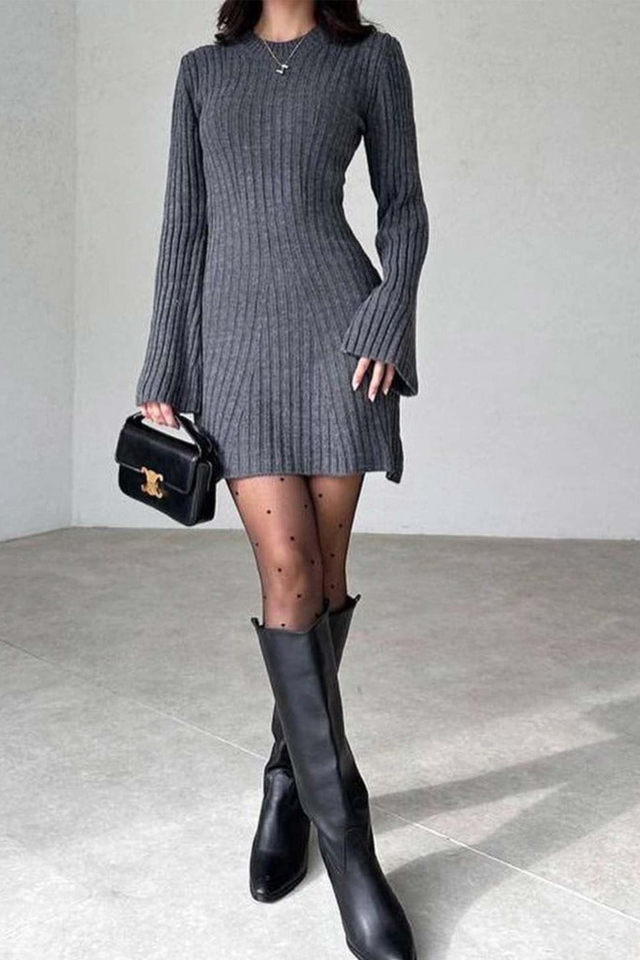 Solid Color Ribbed Knitted Dress