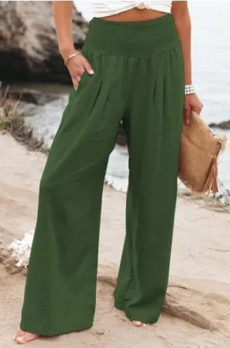 Casual Elastic Waist Linen Wide Pants