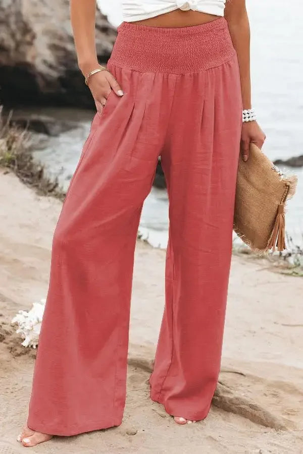 Casual Elastic Waist Linen Wide Pants