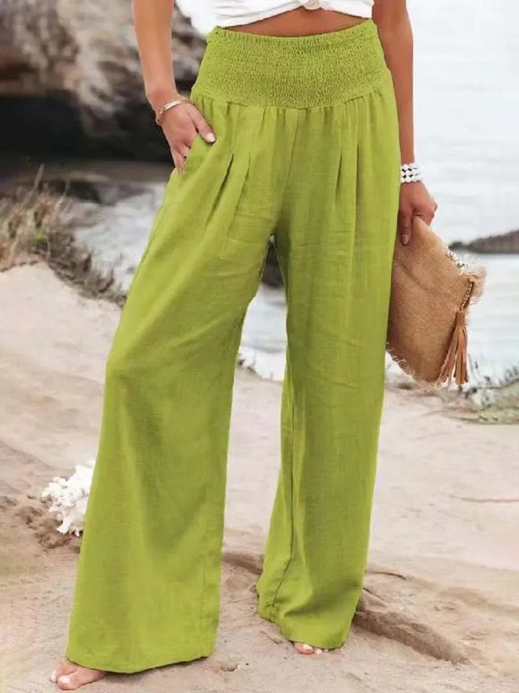 Casual Elastic Waist Linen Wide Pants