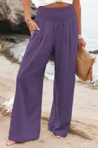 Casual Elastic Waist Linen Wide Pants