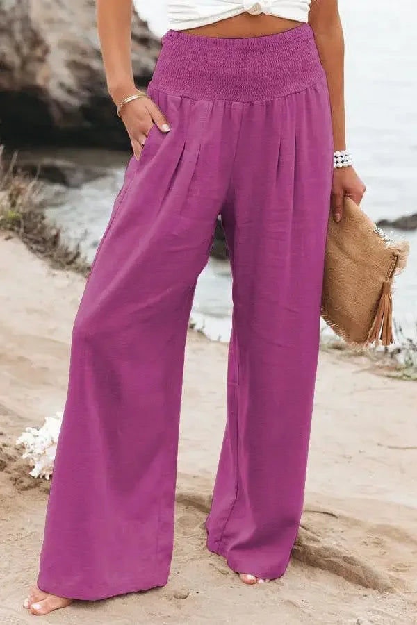 Casual Elastic Waist Linen Wide Pants