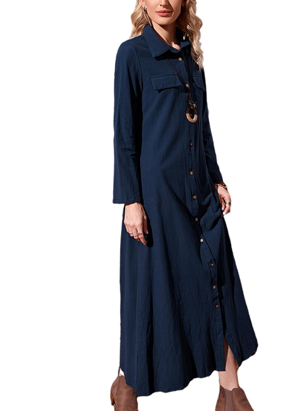 Cotton Long Sleeve Button-Front Shirt Maxi Dress