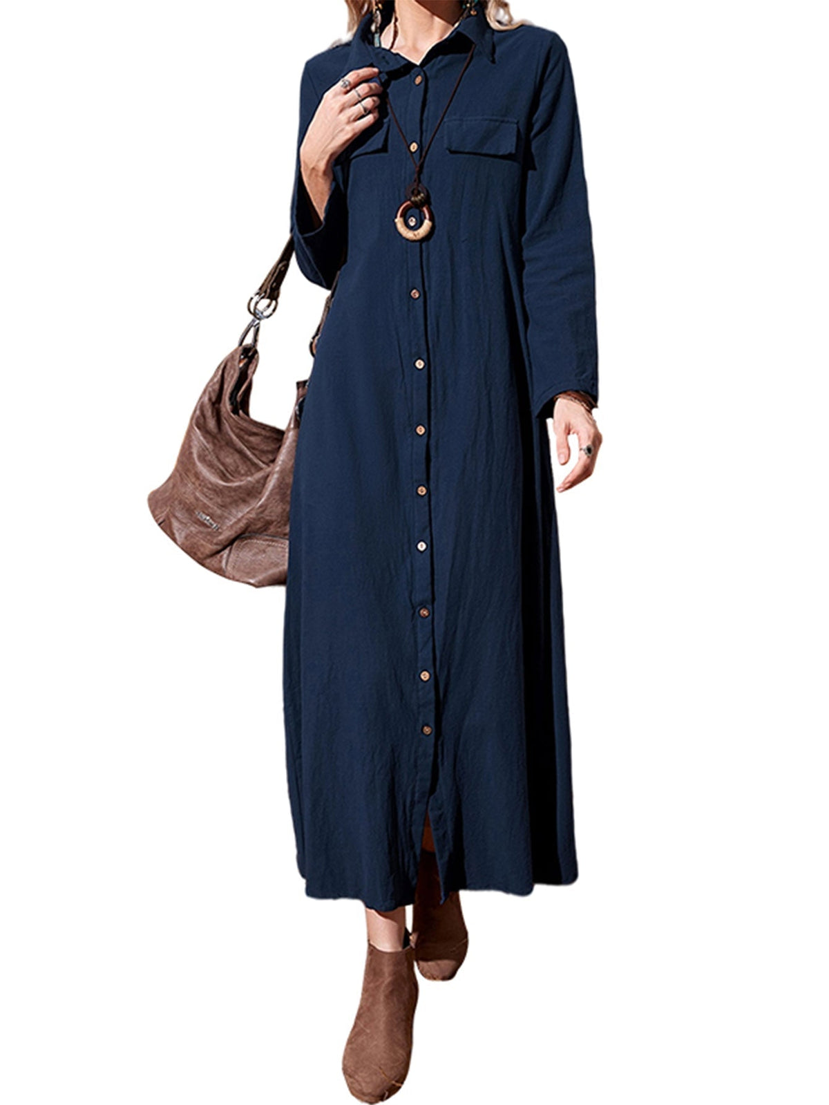 Cotton Long Sleeve Button-Front Shirt Maxi Dress