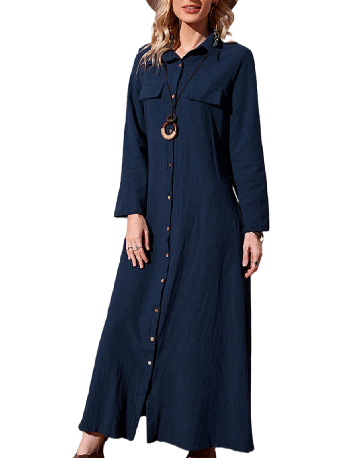 Cotton Long Sleeve Button-Front Shirt Maxi Dress