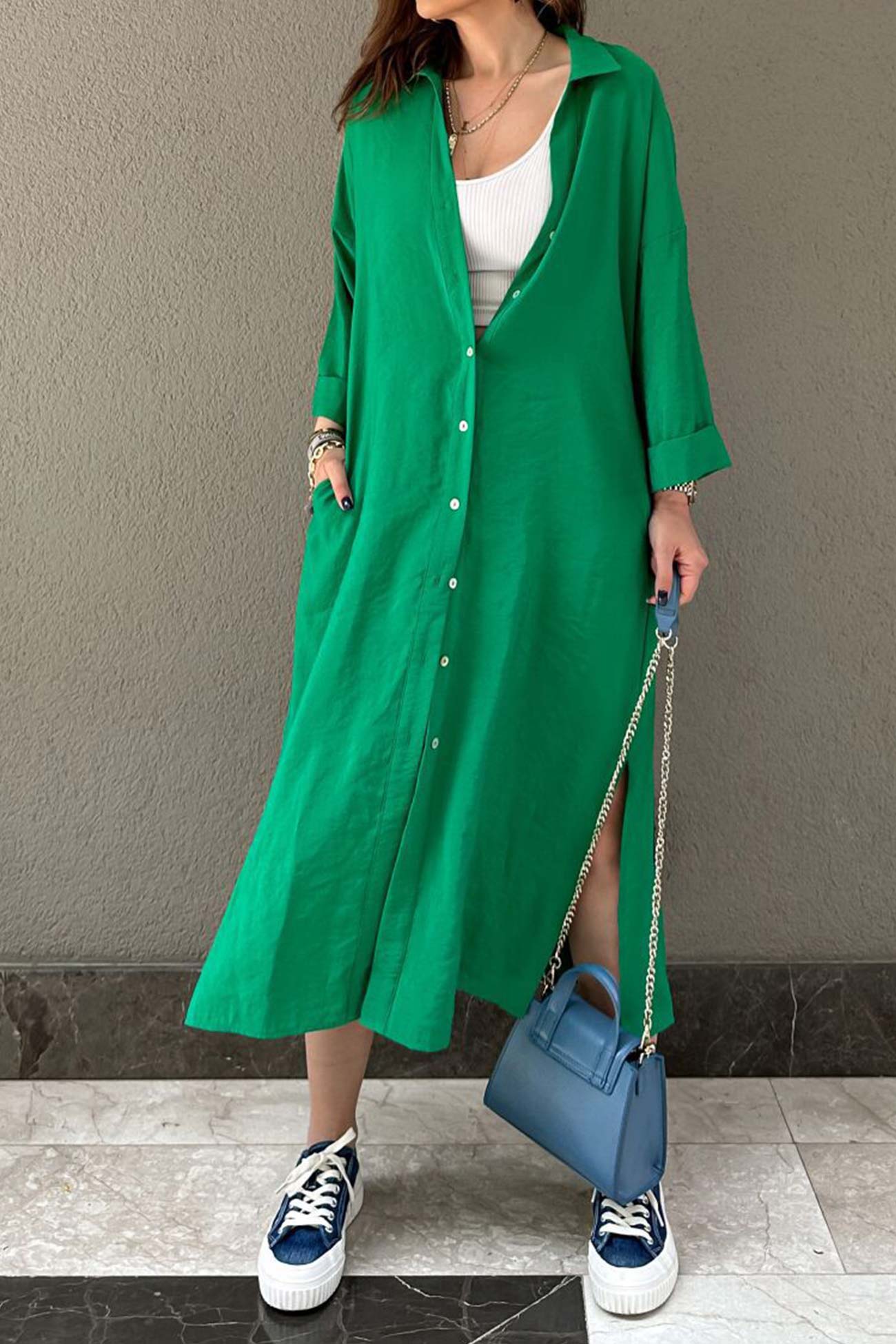 Solid Color Single-breasted Slit Shirt Dress