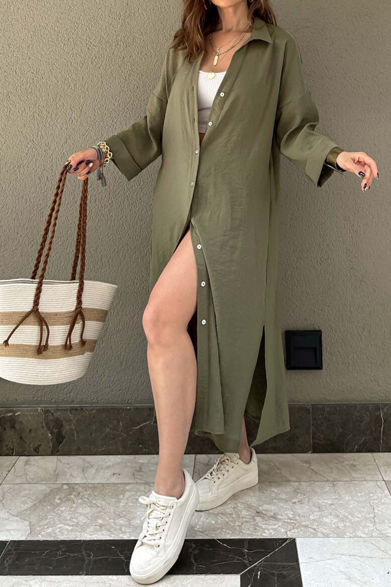 Solid Color Single-breasted Slit Shirt Dress