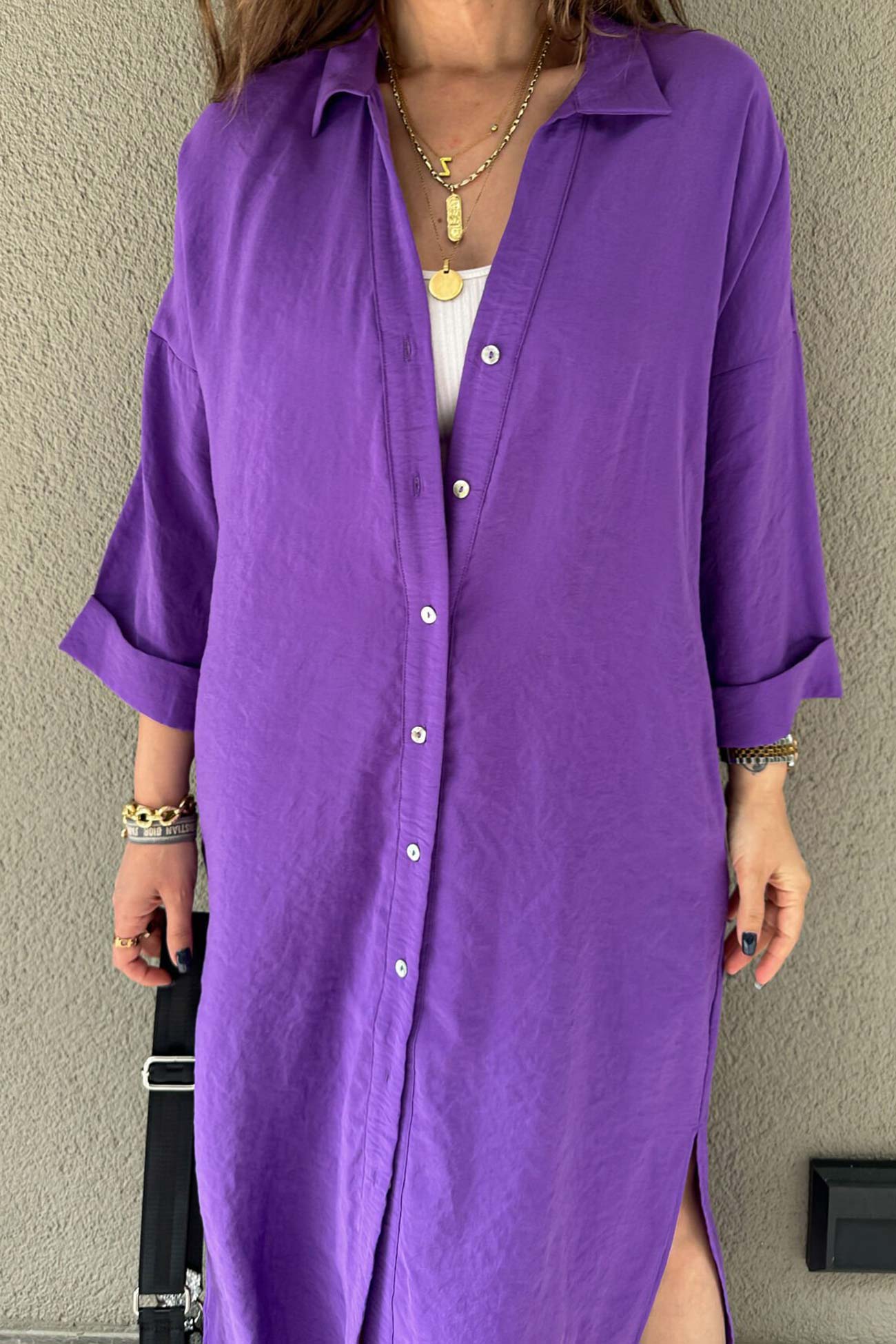 Solid Color Single-breasted Slit Shirt Dress