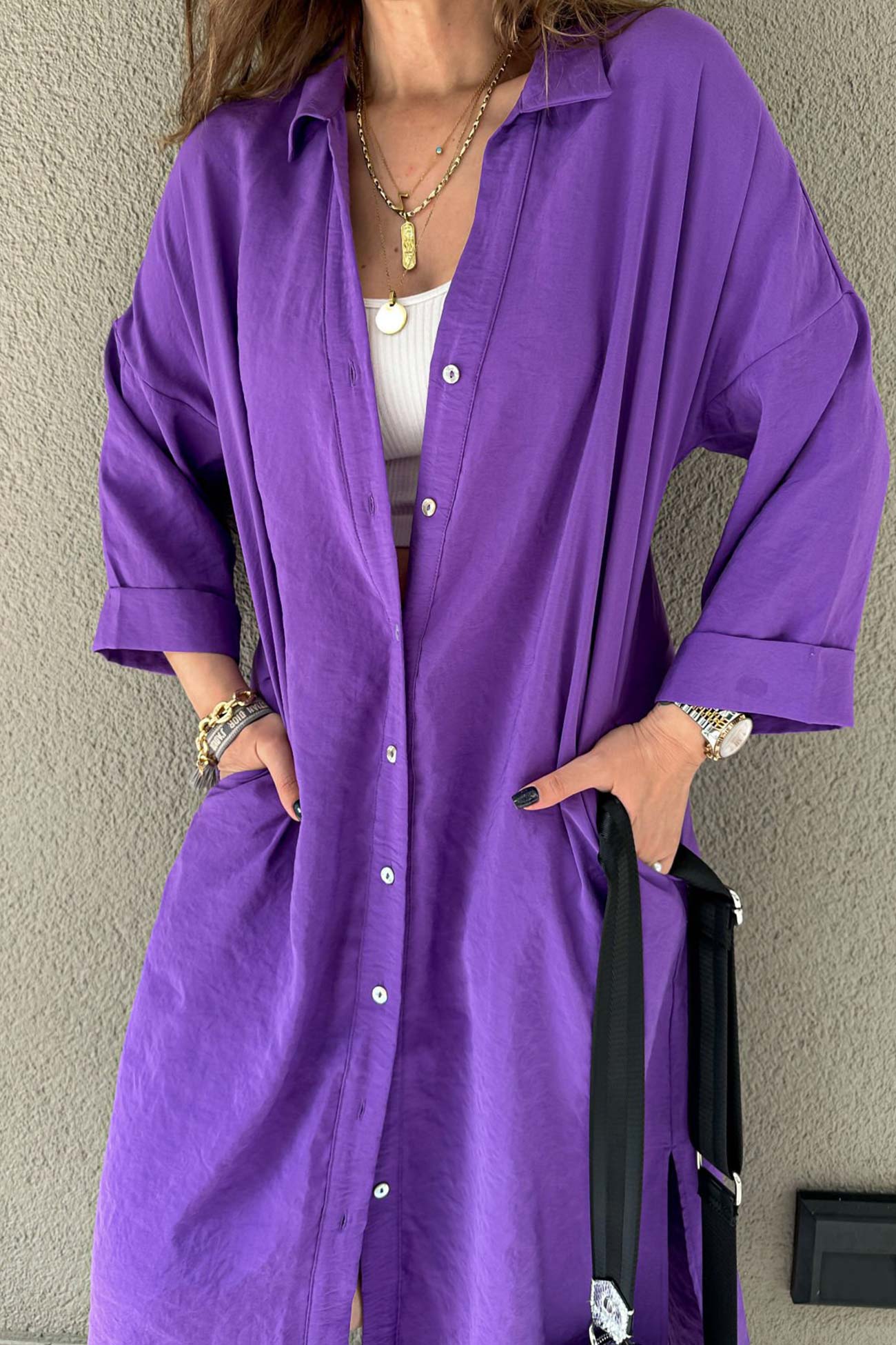 Solid Color Single-breasted Slit Shirt Dress
