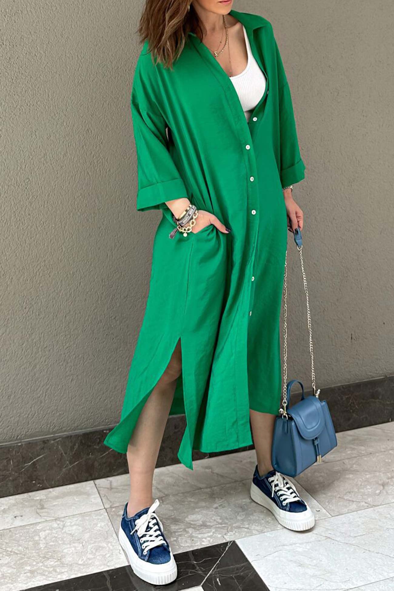 Solid Color Single-breasted Slit Shirt Dress