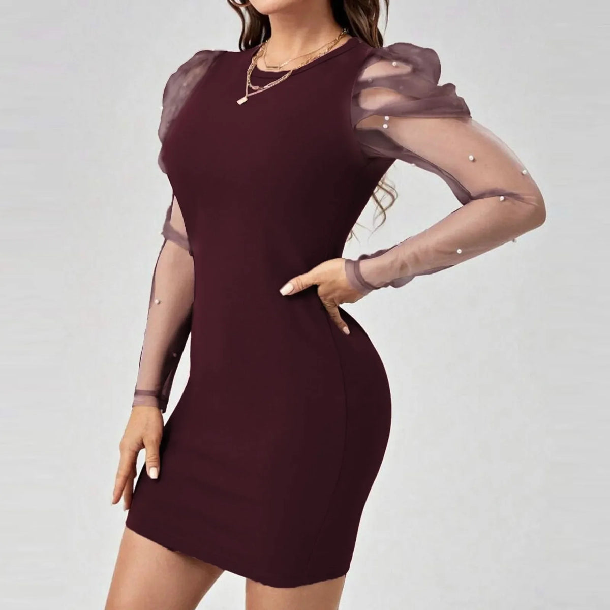 Mesh Puff Sleeve Round Neck Bodycon Mini Dress
