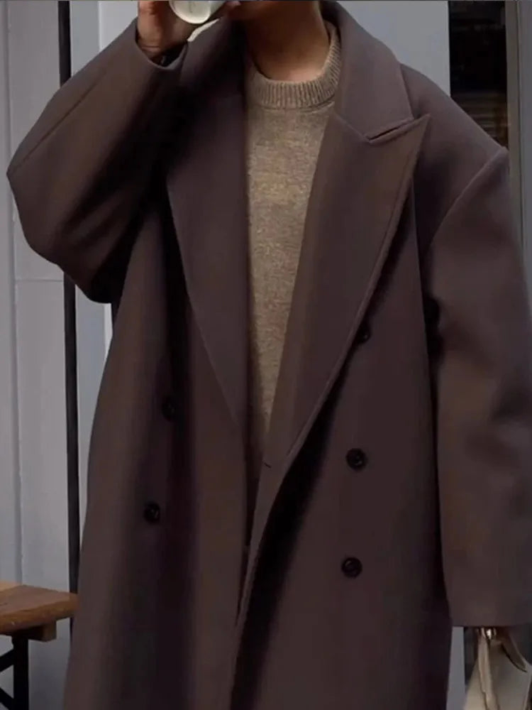 Solid Double-Breasted Turn-Down Overcoat