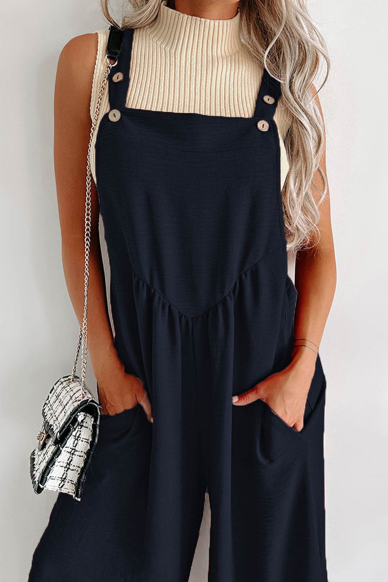 Solid High Waist Pocketed Overalls - Fashionpara