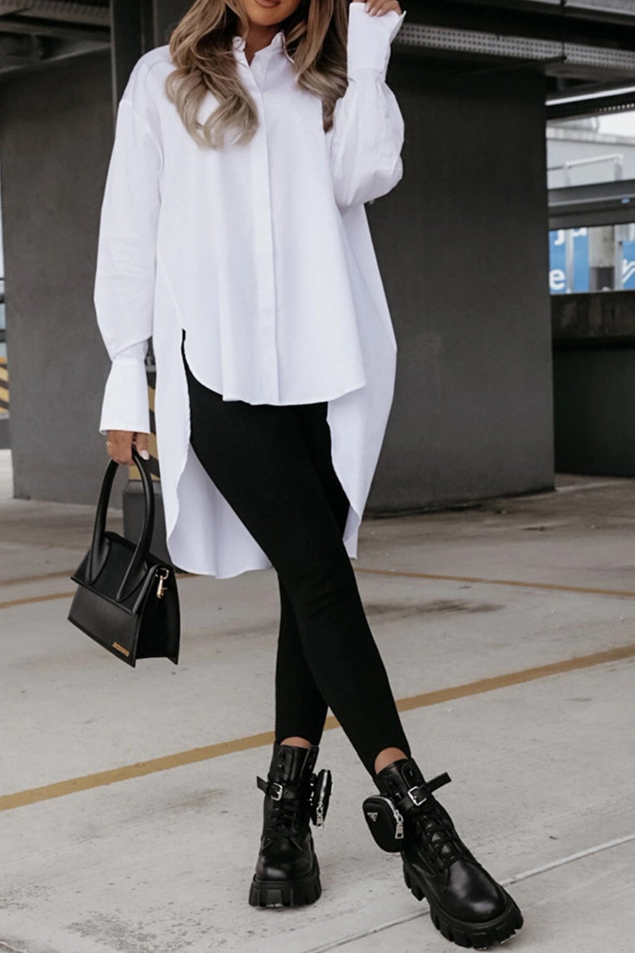 Solid Irregular Slit Hem Blouse - Fashionpara