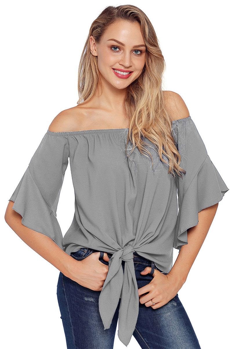 Solid Off-the-shoulder Knot Front Blouse - Mislish