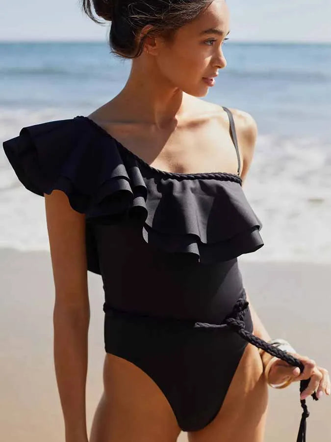 Solid One-Shoulder Ruffle Swimsuit One Piece - Fashionpara