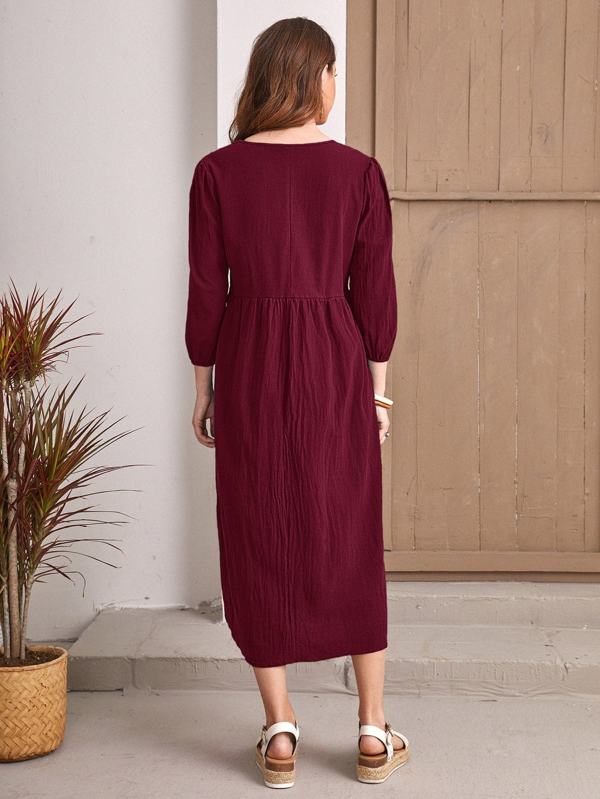 V-Neck Long Sleeve Empire Waist Smock Midi Dress