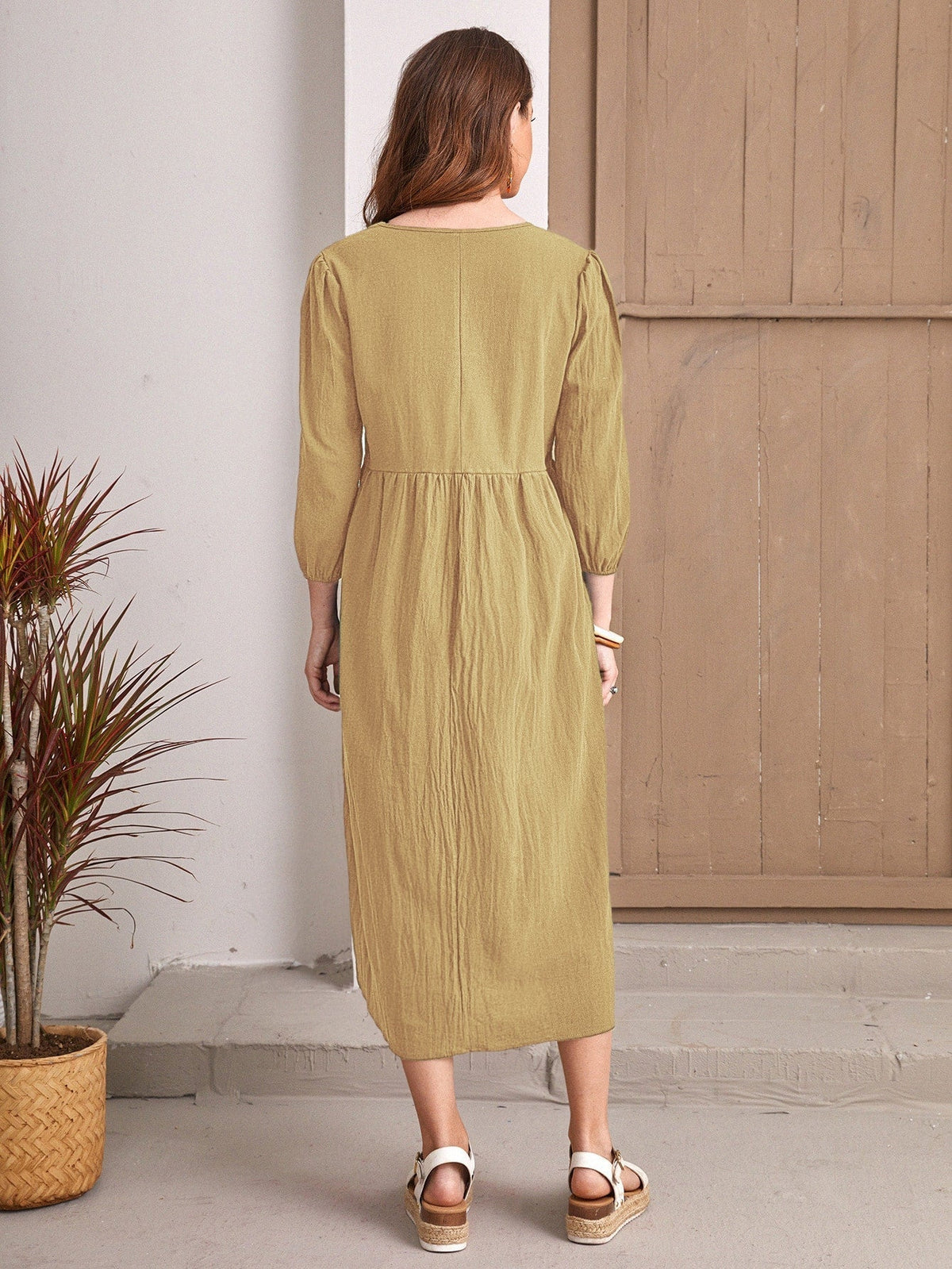 V-Neck Long Sleeve Empire Waist Smock Midi Dress