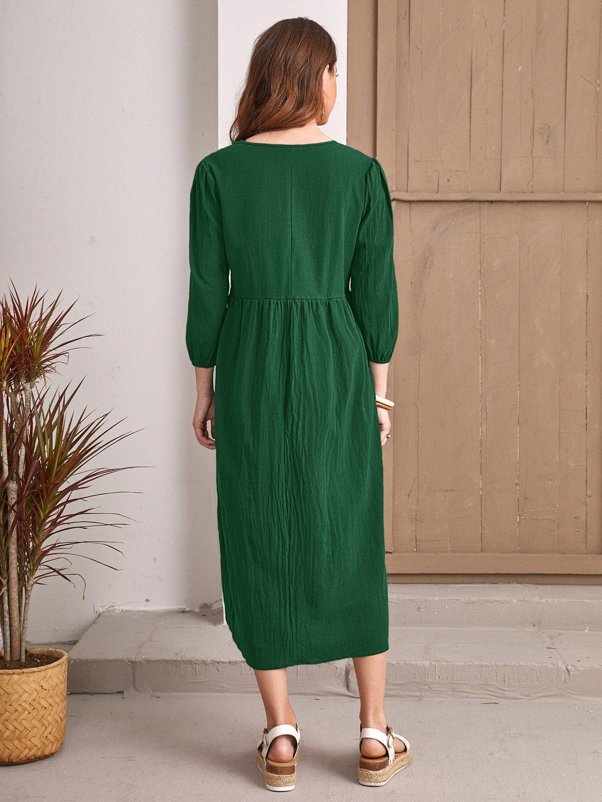 V-Neck Long Sleeve Empire Waist Smock Midi Dress