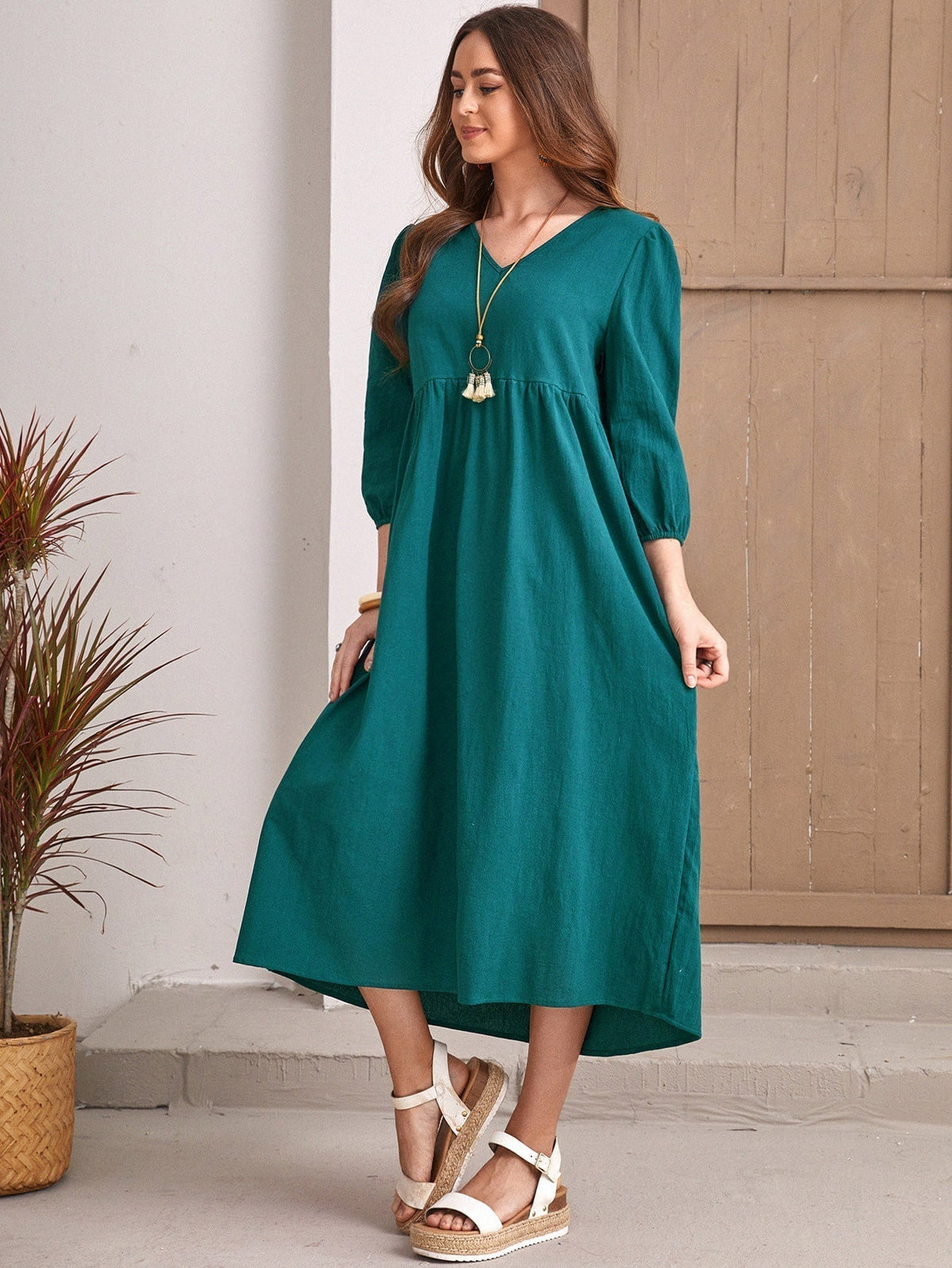 V-Neck Long Sleeve Empire Waist Smock Midi Dress