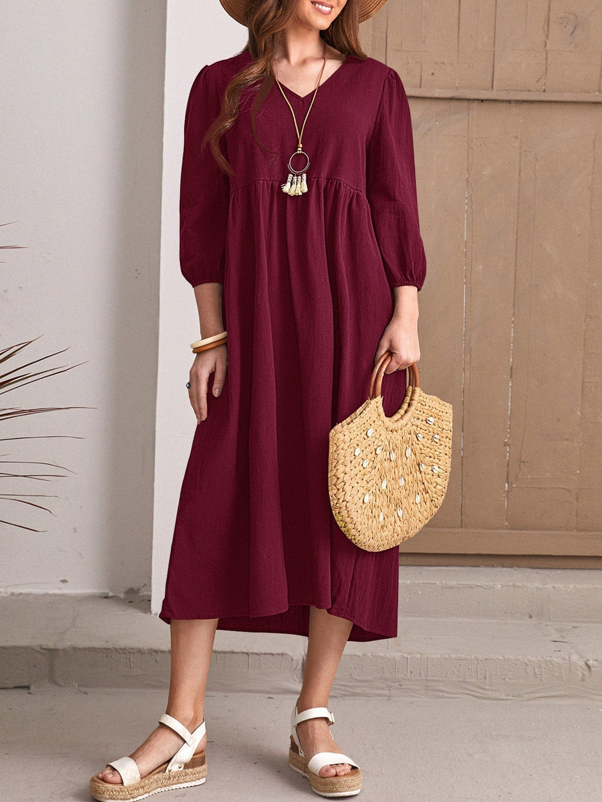 V-Neck Long Sleeve Empire Waist Smock Midi Dress