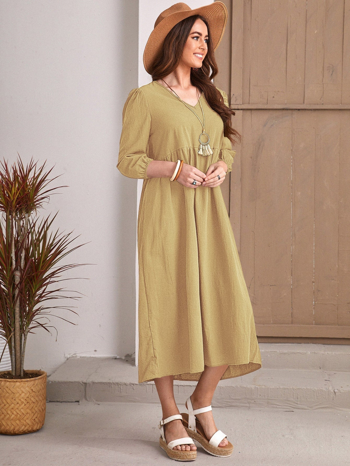 V-Neck Long Sleeve Empire Waist Smock Midi Dress