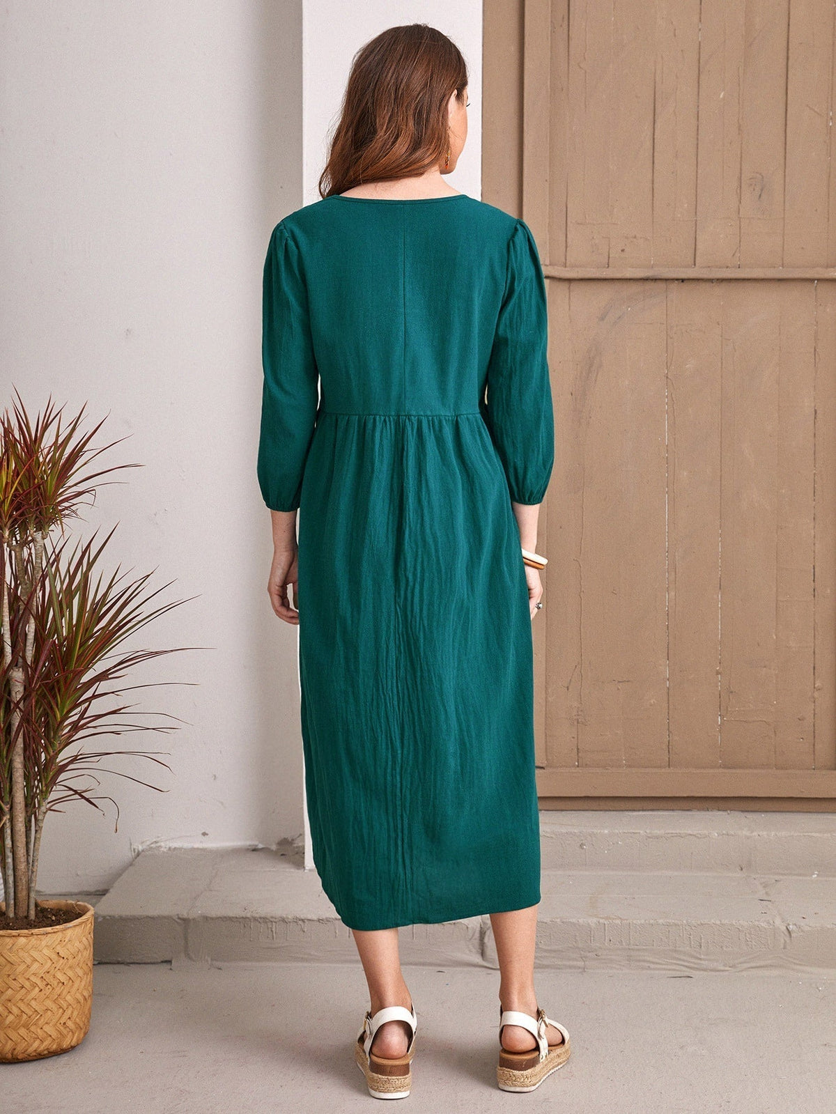 V-Neck Long Sleeve Empire Waist Smock Midi Dress
