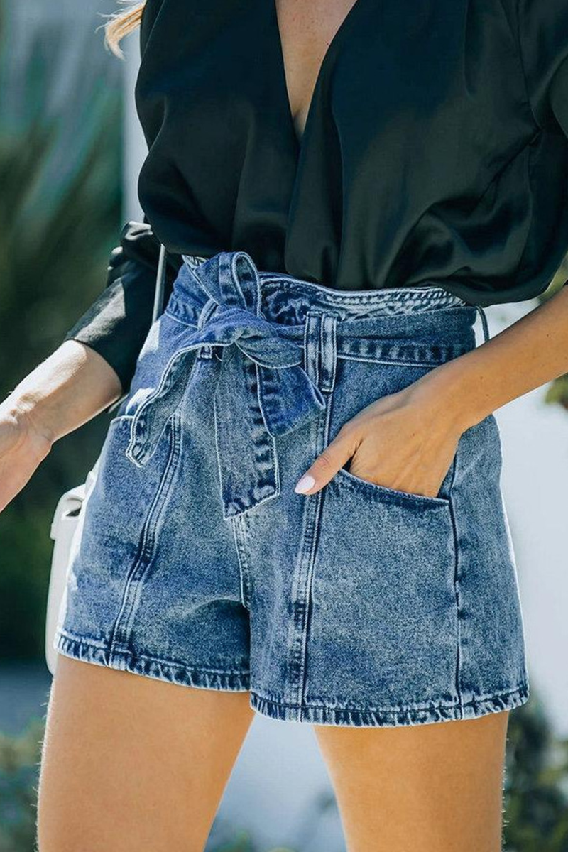 KittenAlarm - Solid Pocket With Belt High Waist Denim Shorts