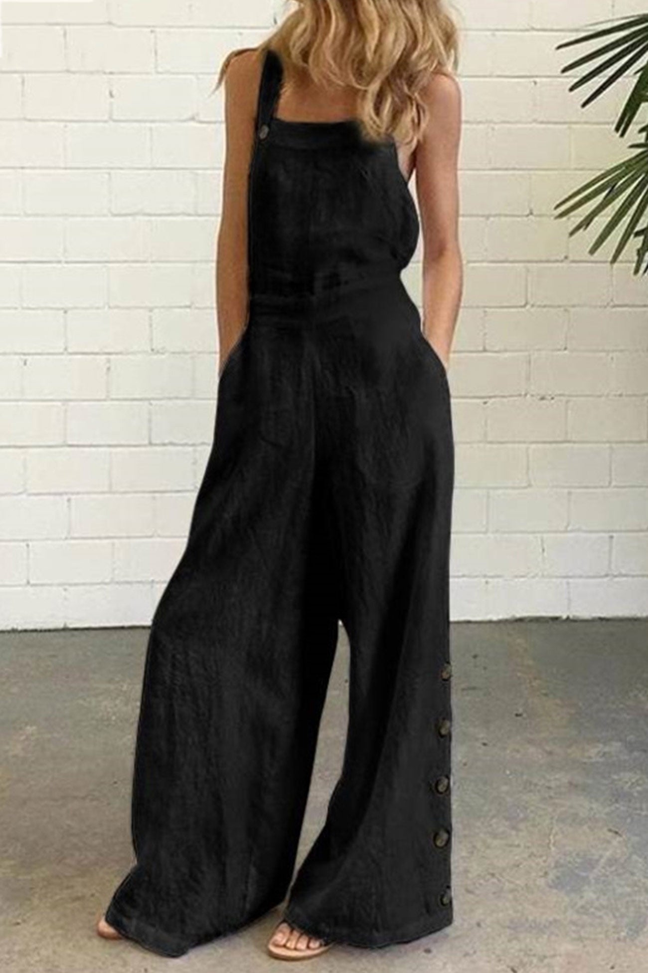Solid Pocketed Single-breasted Slit Overalls - Fashionpara