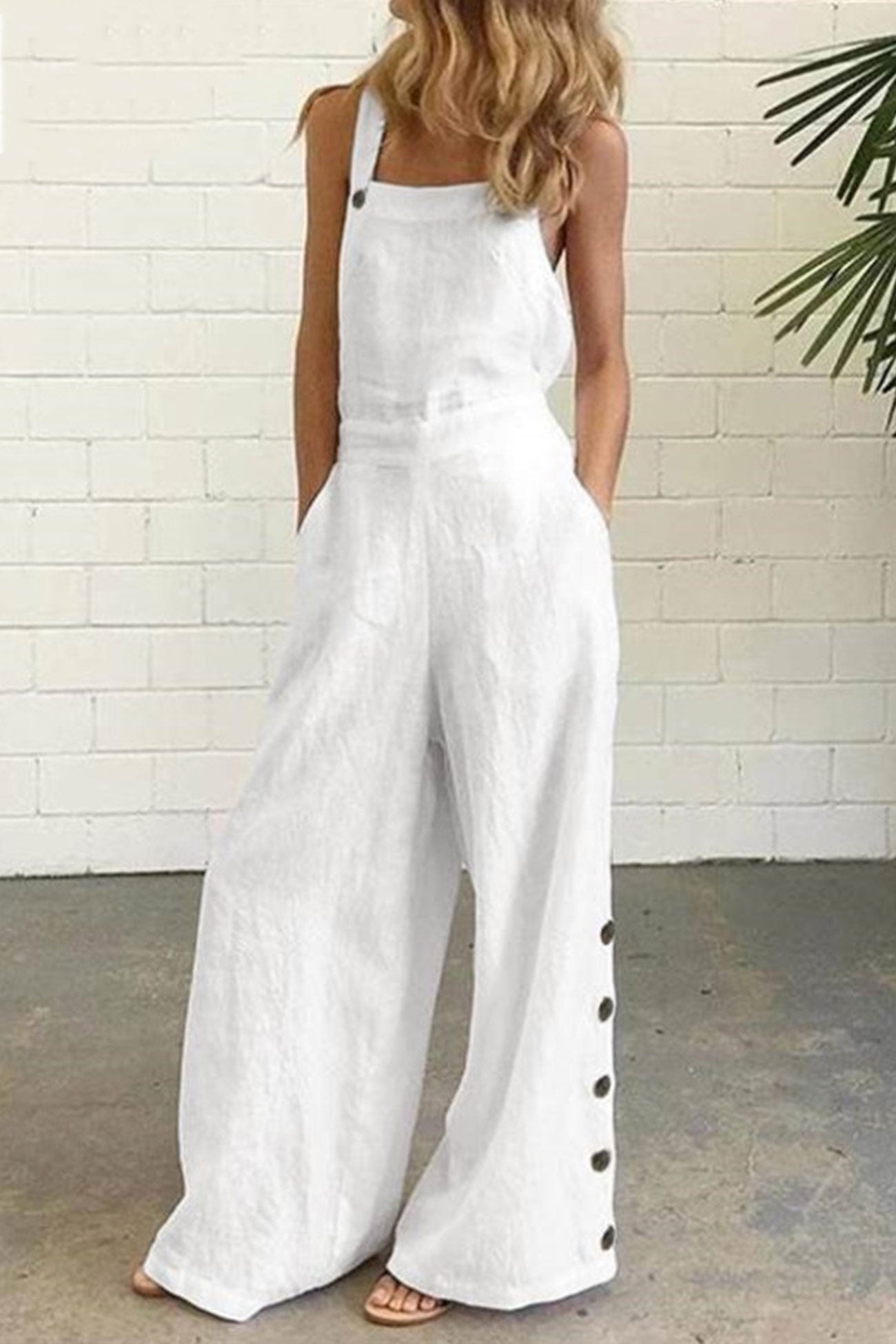 Solid Pocketed Single-breasted Slit Overalls - Fashionpara