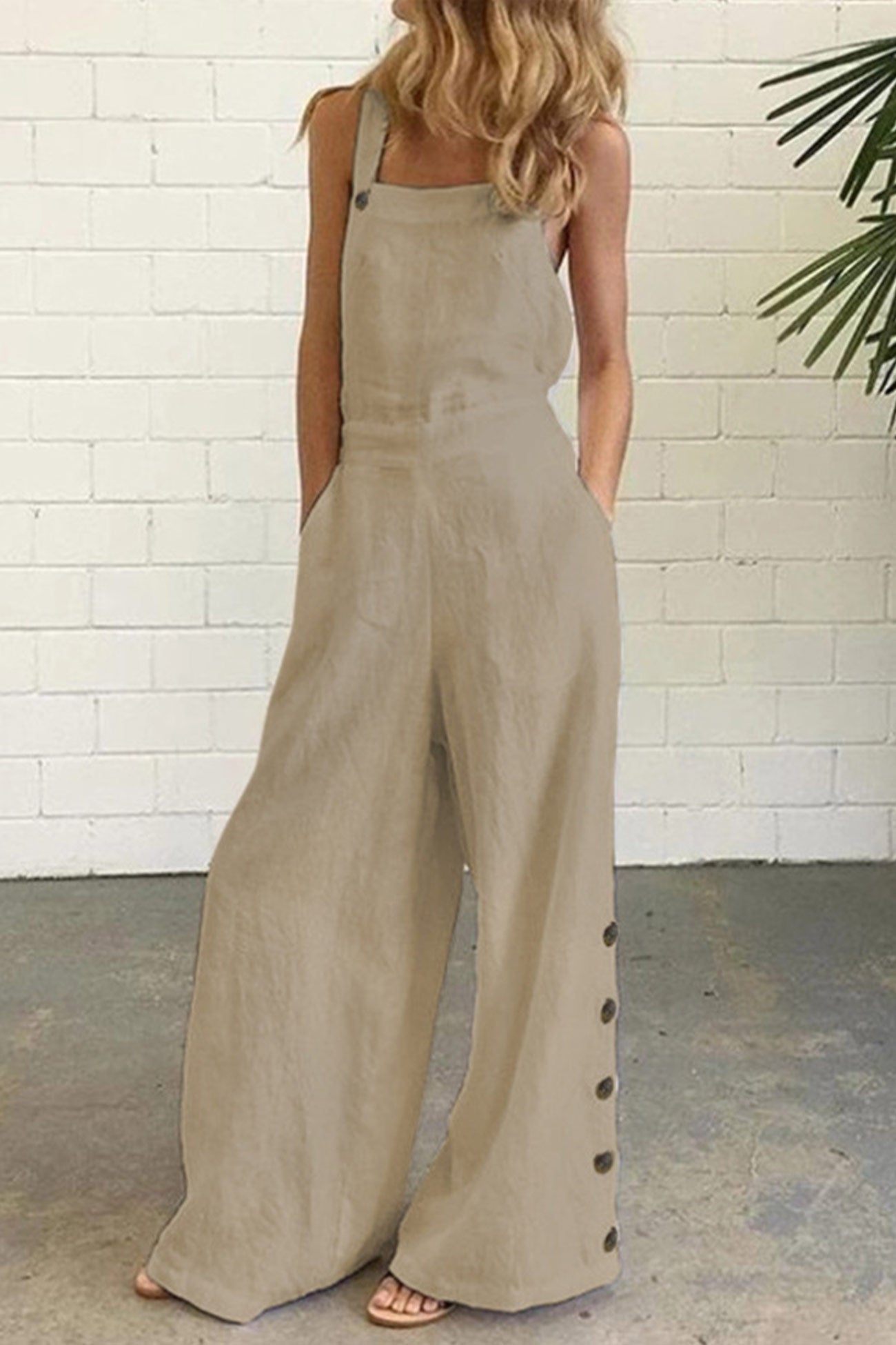 Solid Pocketed Single-breasted Slit Overalls - Fashionpara