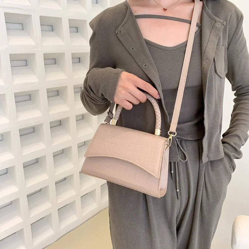 Solid PU Leather Designer Casual Crossbody Top Handle Handbag