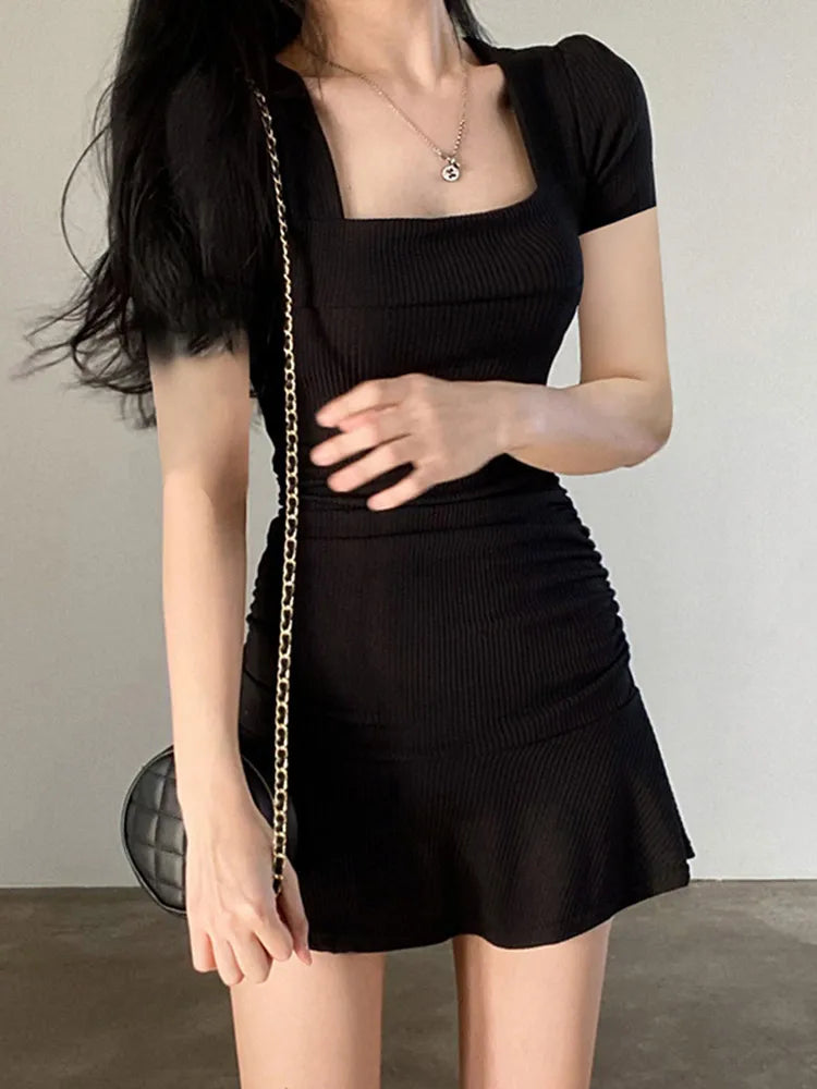 Solid Ribbed Square-collar Casual Short-sleeve Mini Dress