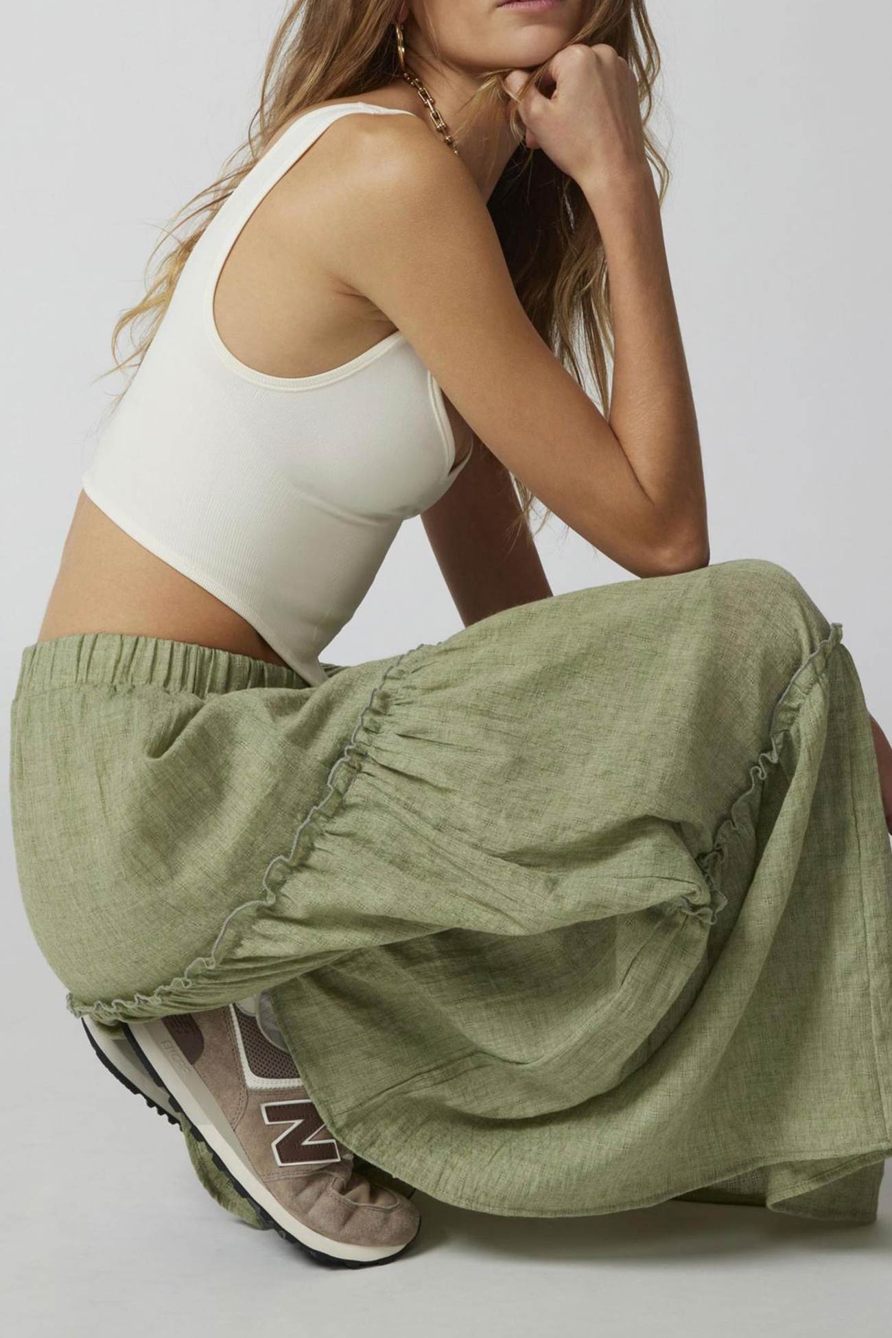 Solid Ruched Tiered Midi Skirt - Fashionpara