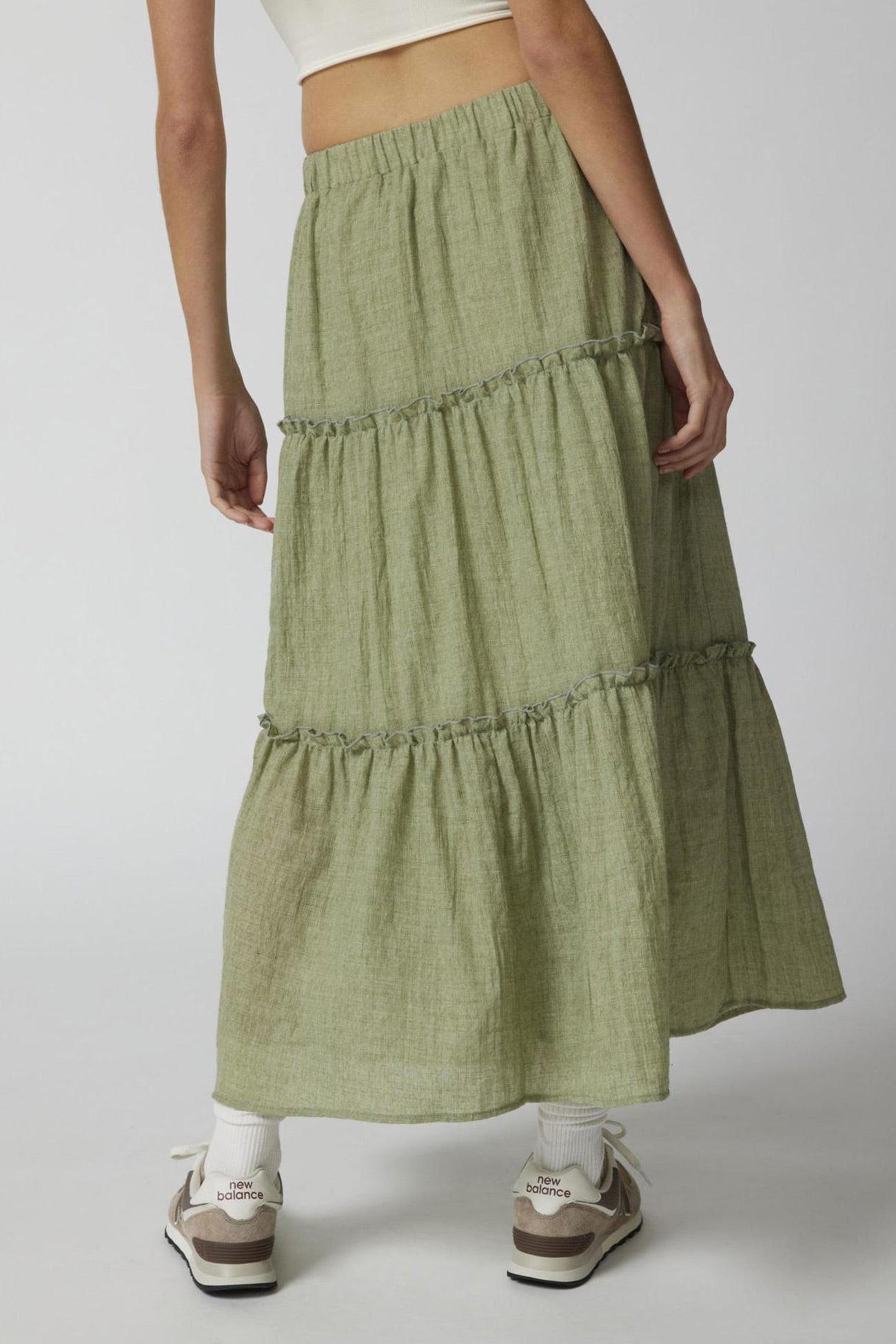 Solid Ruched Tiered Midi Skirt - Fashionpara