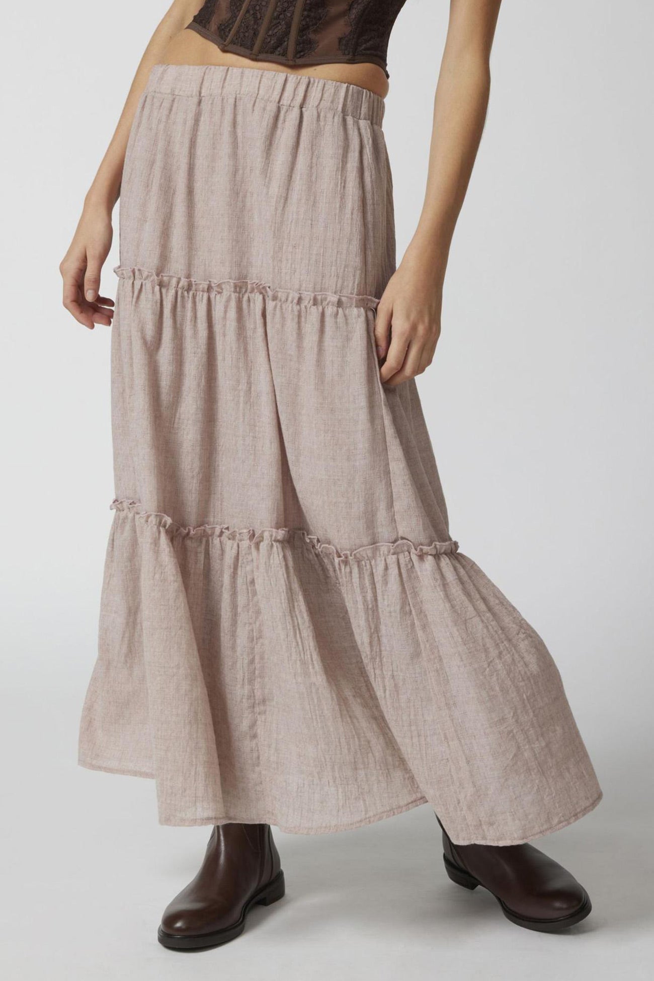 Solid Ruched Tiered Midi Skirt - Fashionpara
