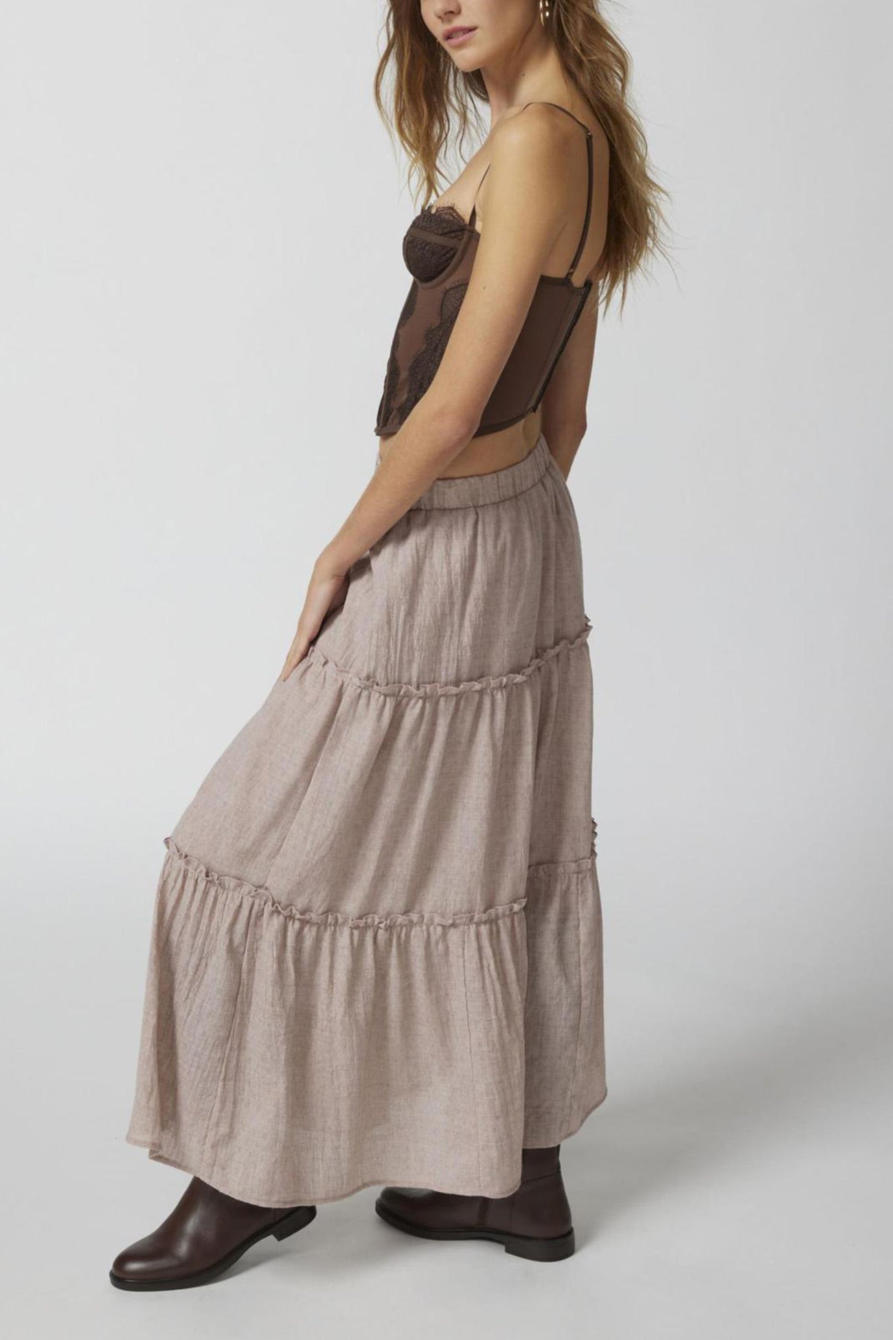 Solid Ruched Tiered Midi Skirt - Fashionpara