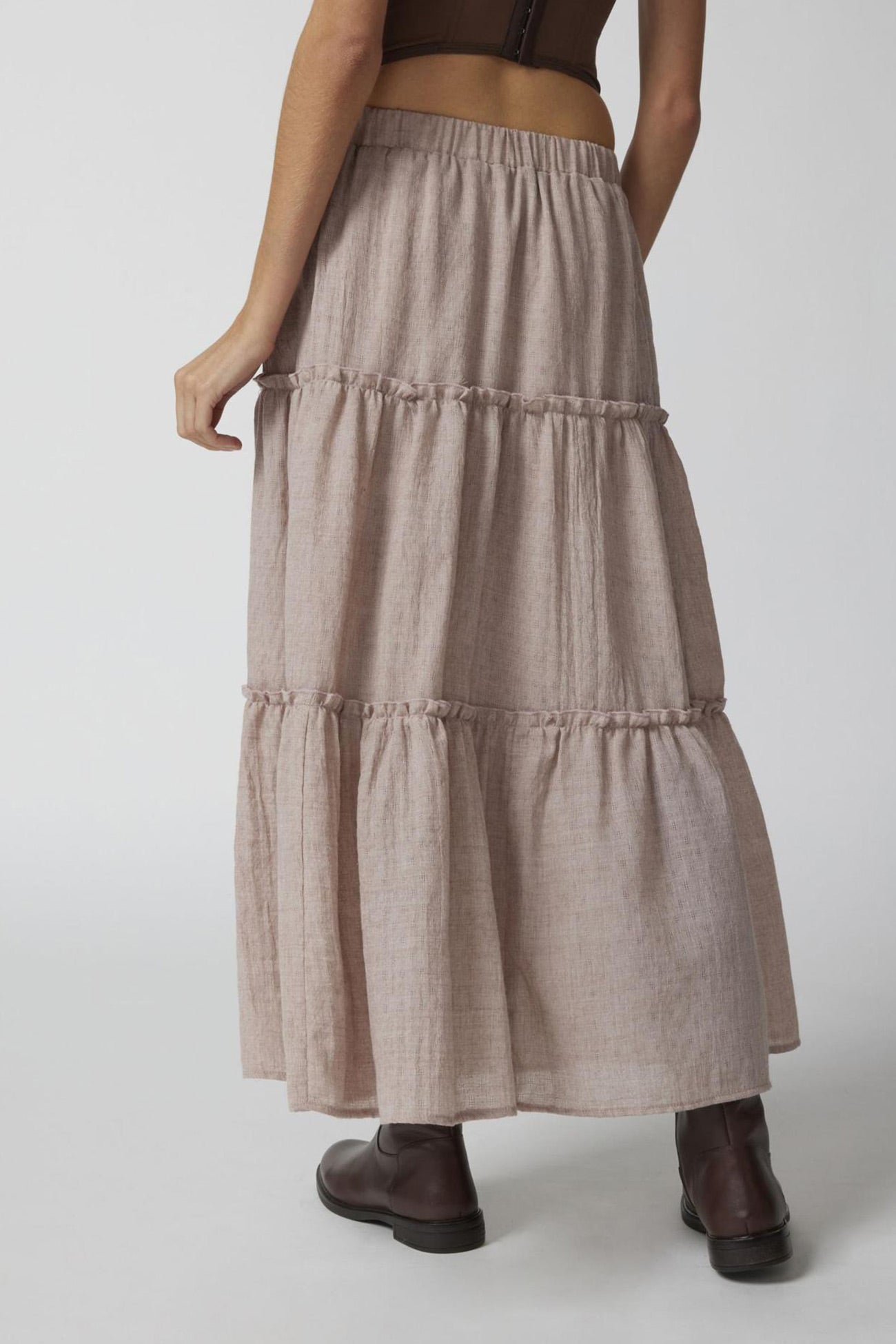 Solid Ruched Tiered Midi Skirt - Fashionpara