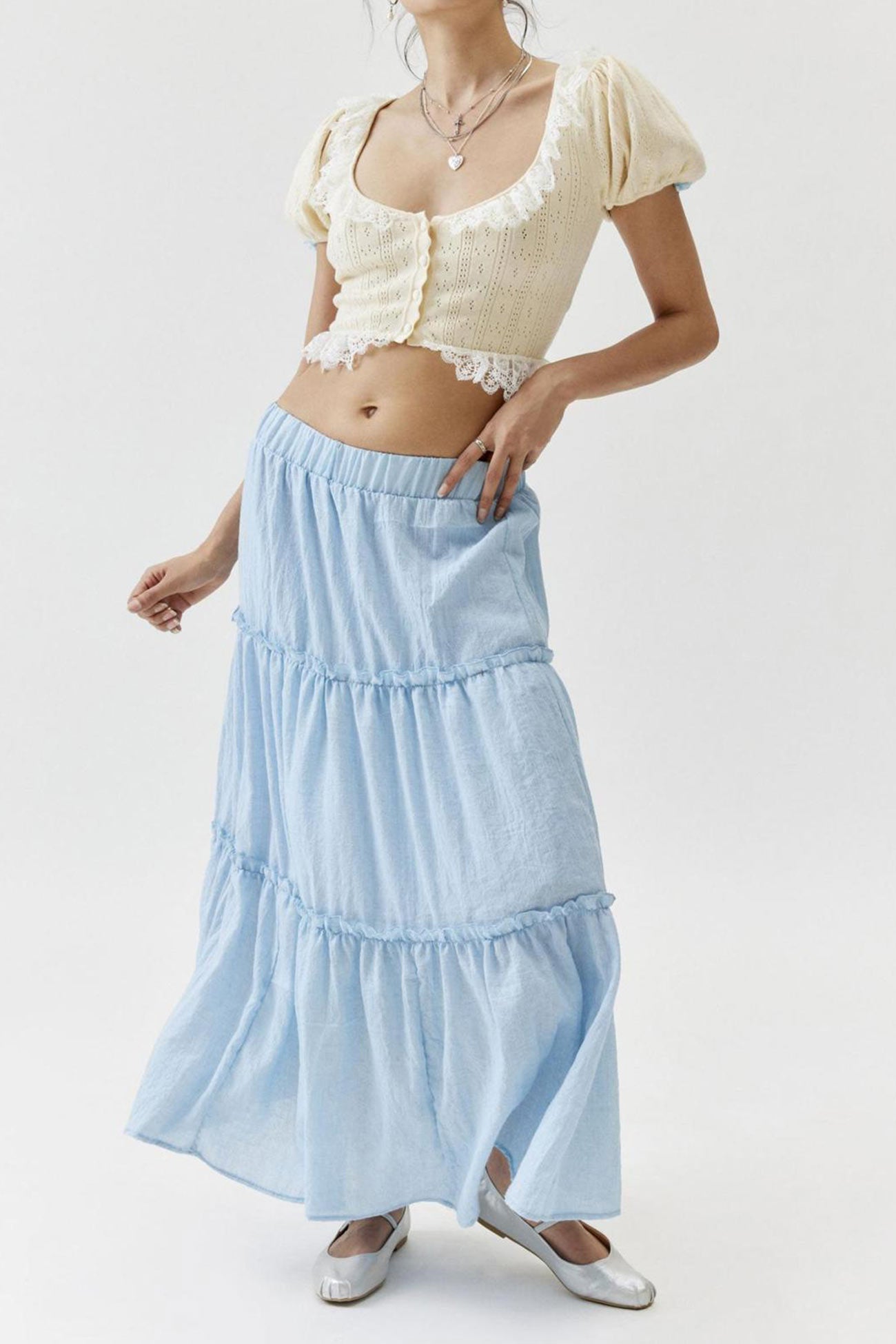 Solid Ruched Tiered Midi Skirt - Fashionpara